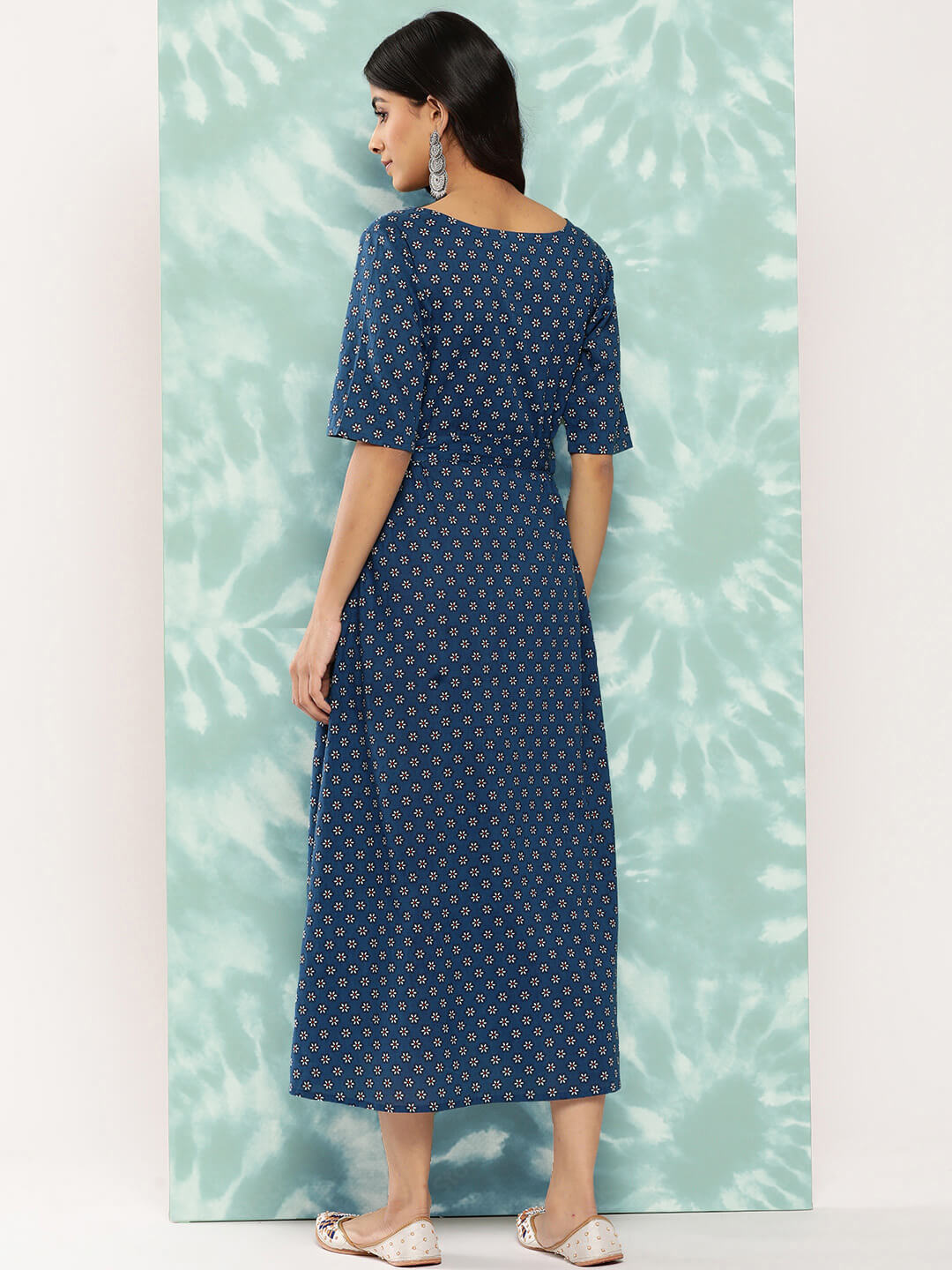 Navy Blue Cotton Floral Printed A Line Dress