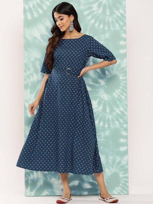 Navy Blue Cotton Floral Printed A Line Dress