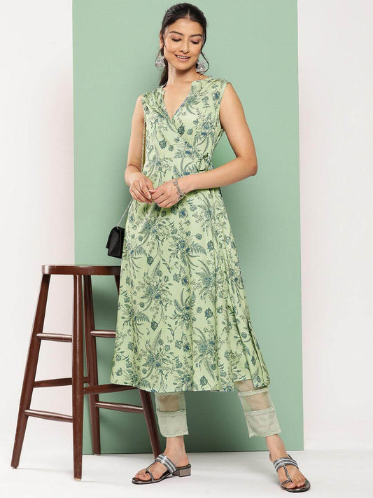 Light Green Crepe Digital Printed Angrakha Kurta