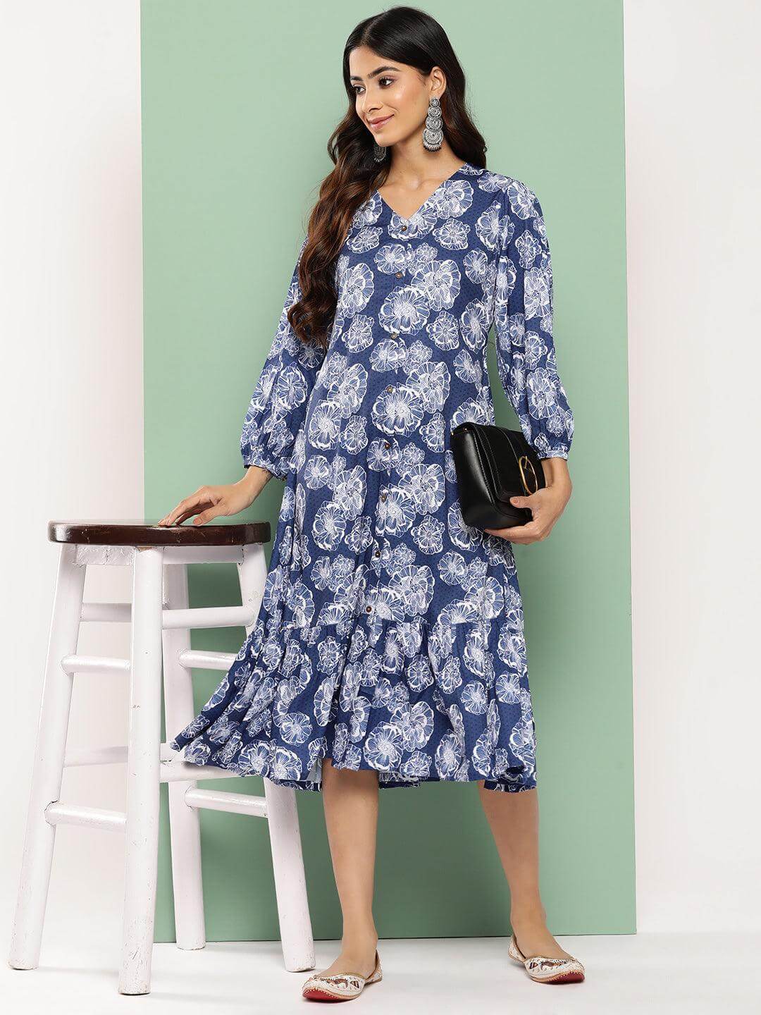 Blue Crepe Digital Floral Printed A-Line Dress