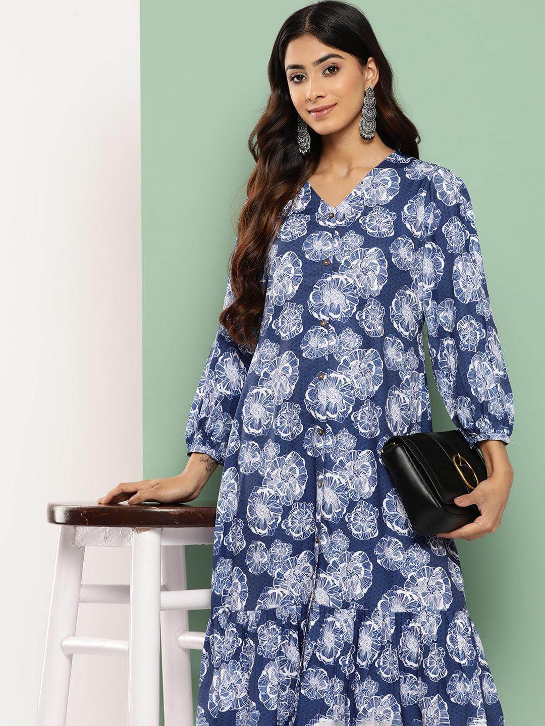 Blue Crepe Digital Floral Printed A-Line Dress