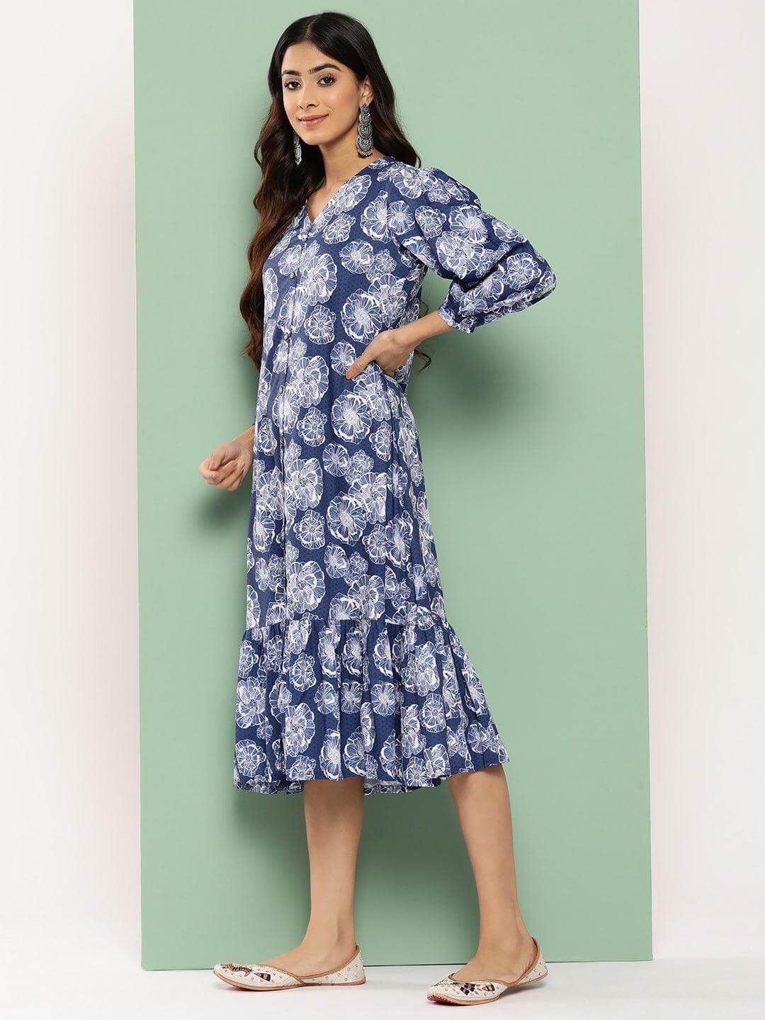 Blue Crepe Digital Floral Printed A-Line Dress