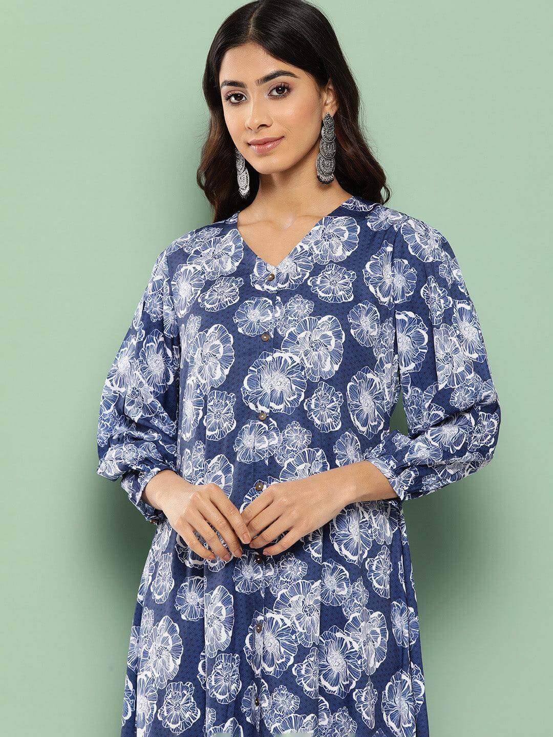 Blue Crepe Digital Floral Printed A-Line Dress