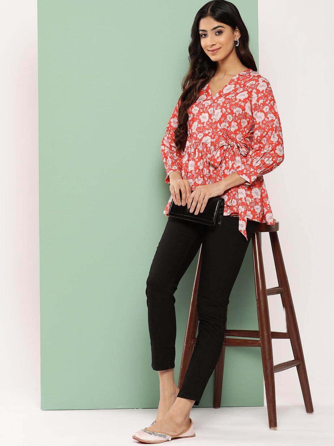 Orange Crepe Digital Floral Print Peplum Top