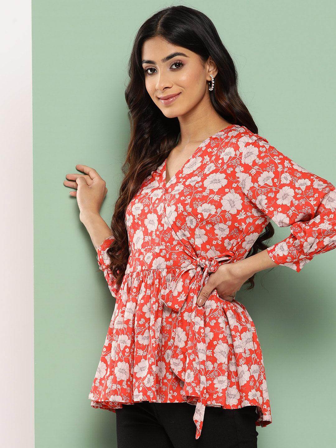 Orange Crepe Digital Floral Print Peplum Top