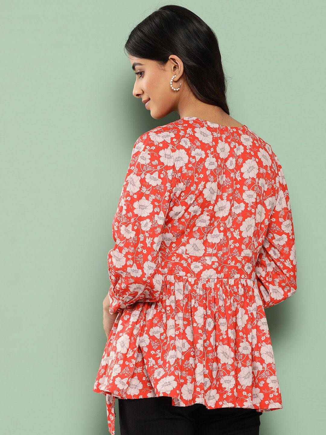 Orange Crepe Digital Floral Print Peplum Top