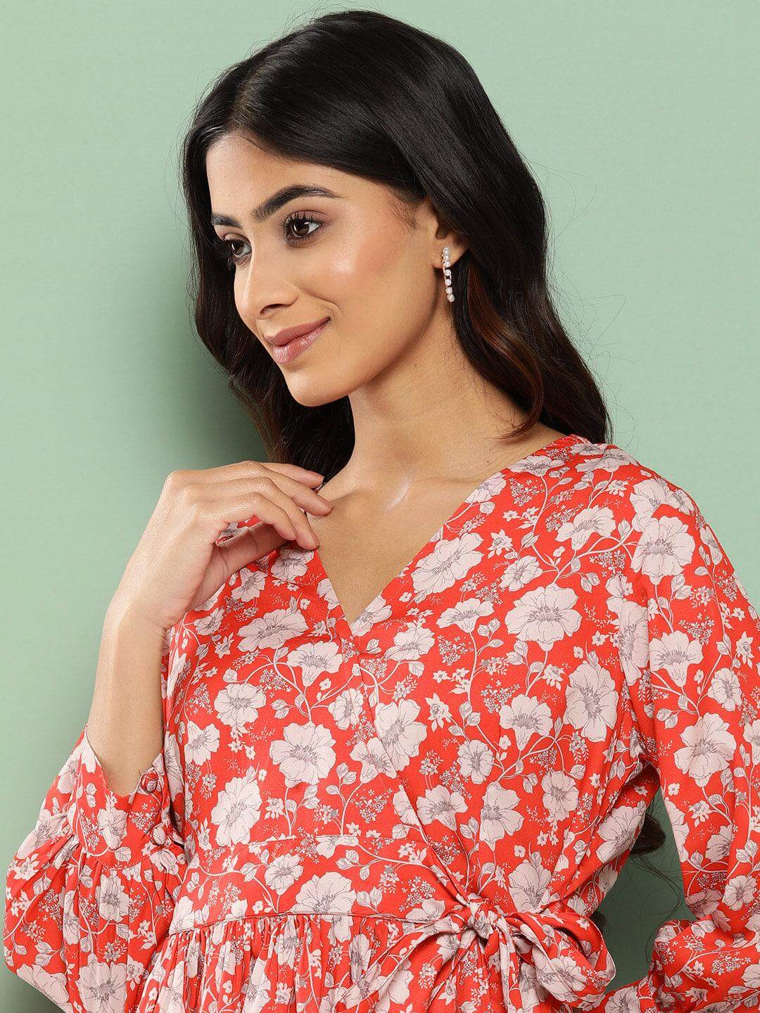 Orange Crepe Digital Floral Print Peplum Top