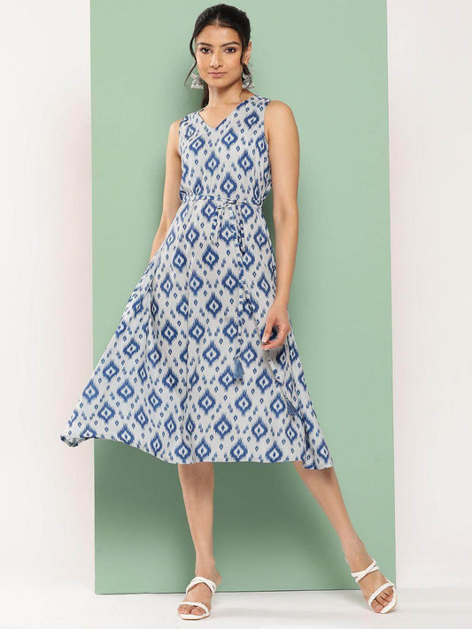 Grey Crepe Ikat Printed A Line Dress