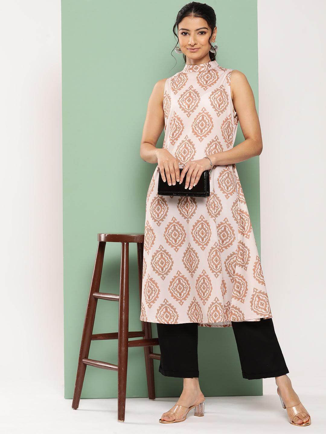 Light Peach Crepe Digital Printed A-Line Kurta