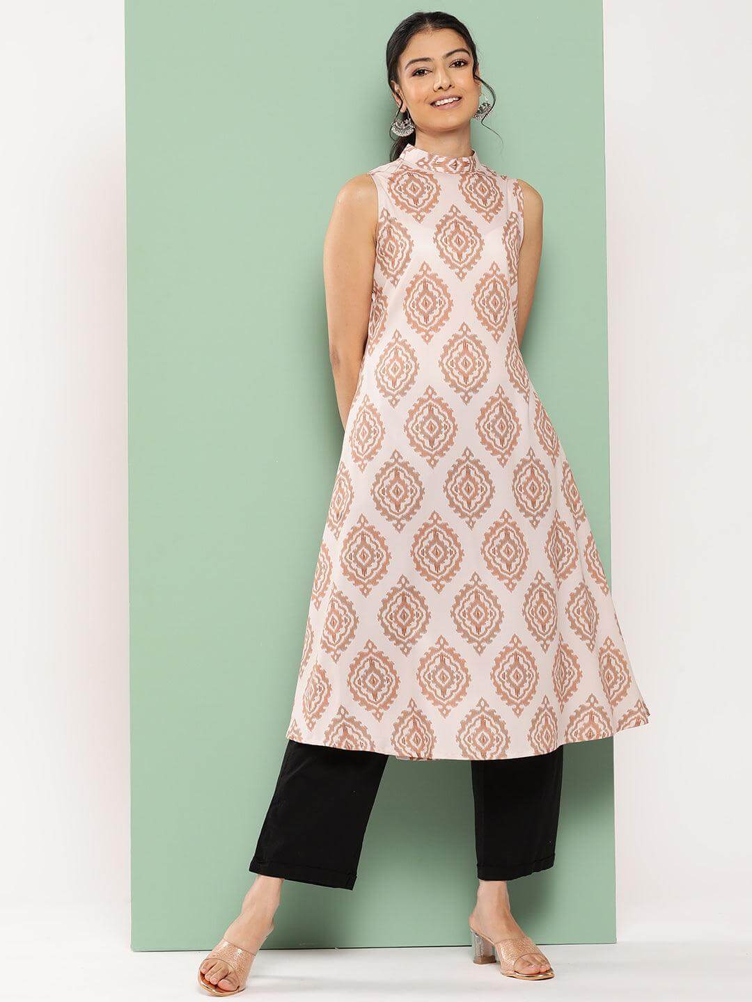 Light Peach Crepe Digital Printed A-Line Kurta