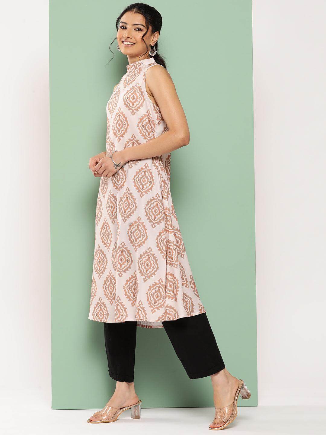 Light Peach Crepe Digital Printed A-Line Kurta