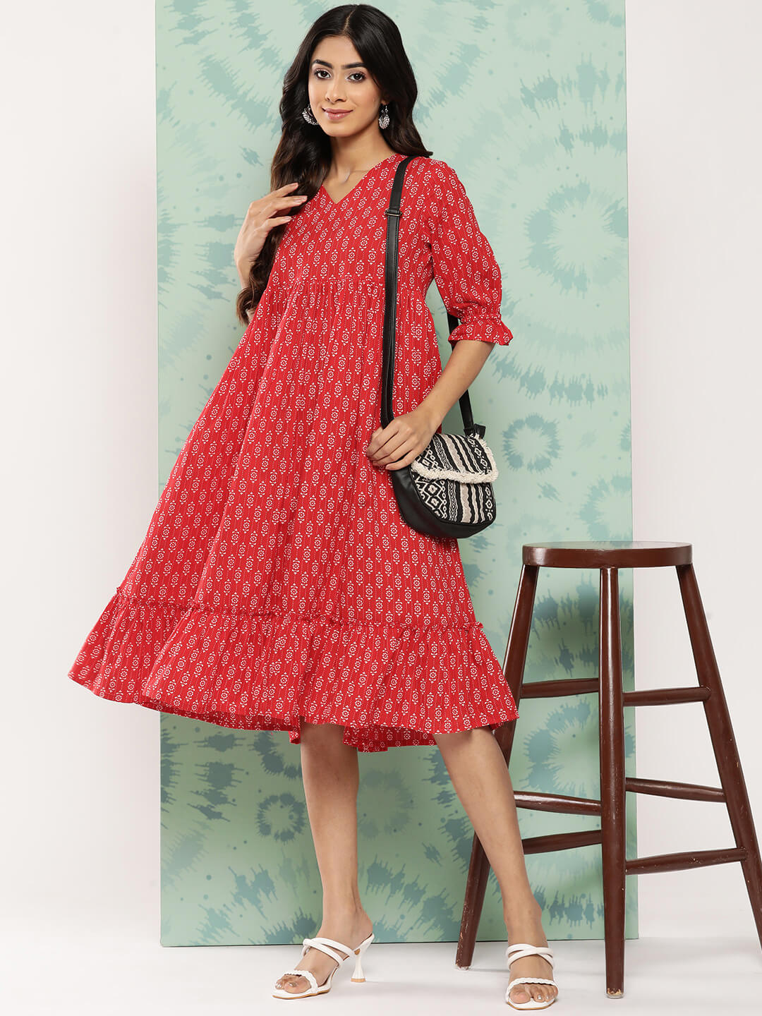 Red Cotton Ethnic Motifs Printed Flared Western Dress