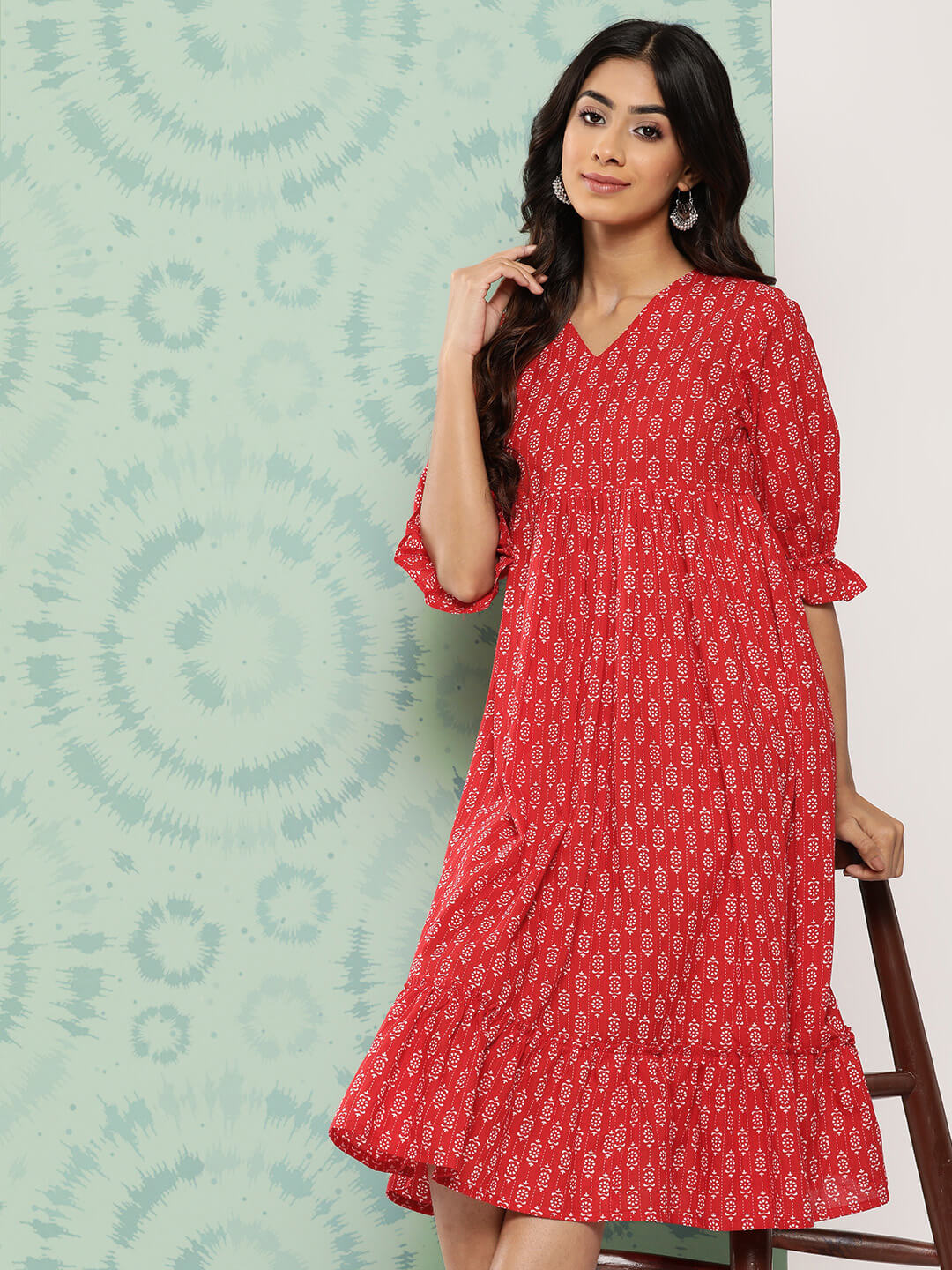 Red Cotton Ethnic Motifs Printed Flared Western Dress