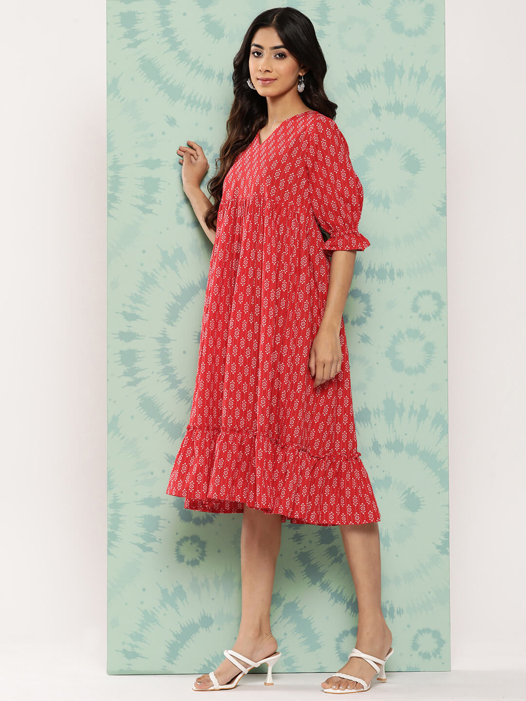 Red Cotton Ethnic Motifs Printed Flared Western Dress