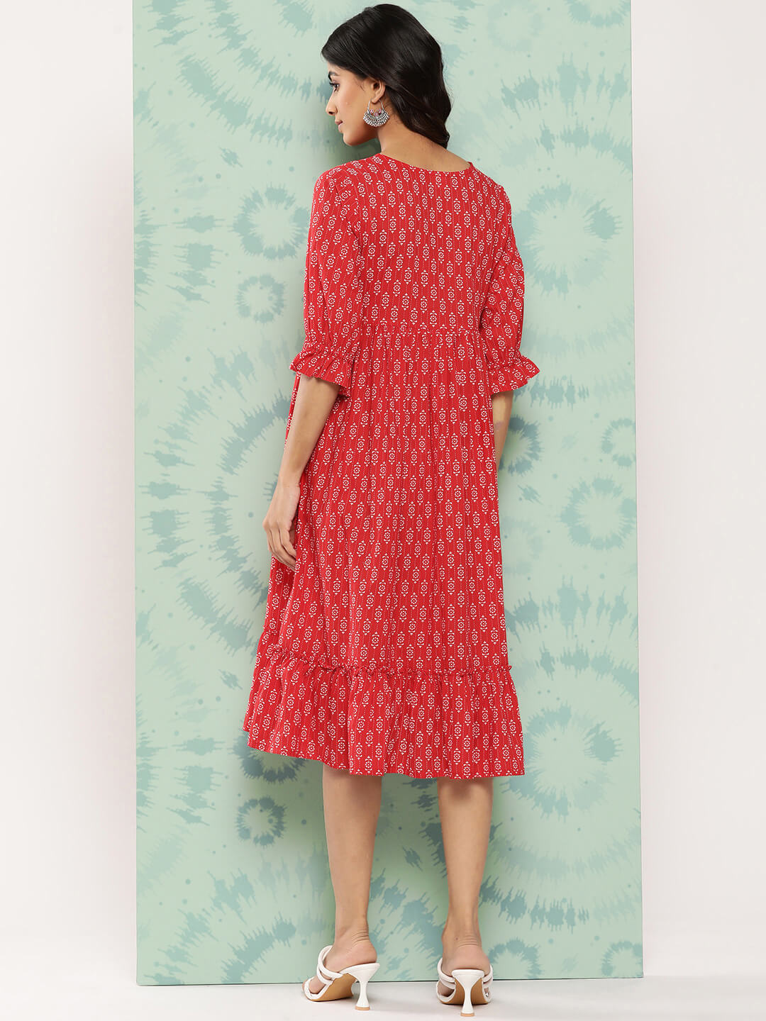 Red Cotton Ethnic Motifs Printed Flared Western Dress