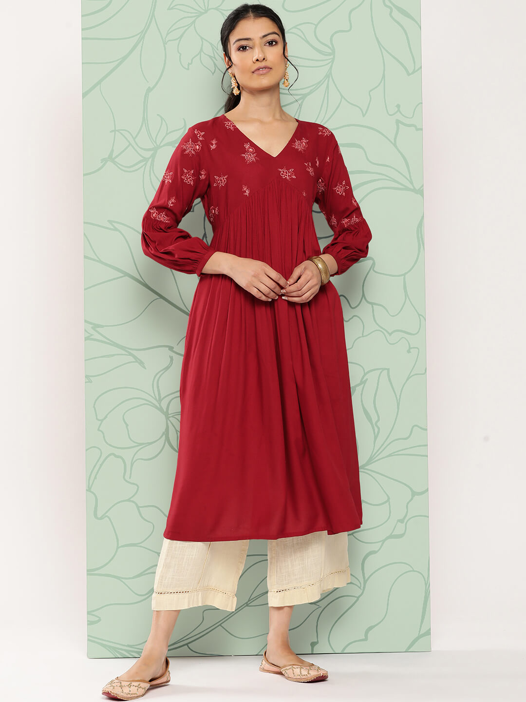 Maroon Rayon Solid Gathered Kurta