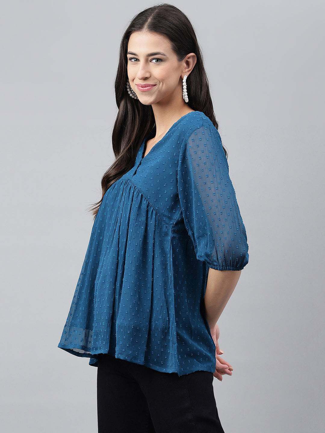 Teal Blue Dobby Chiffon Solid Empire Top