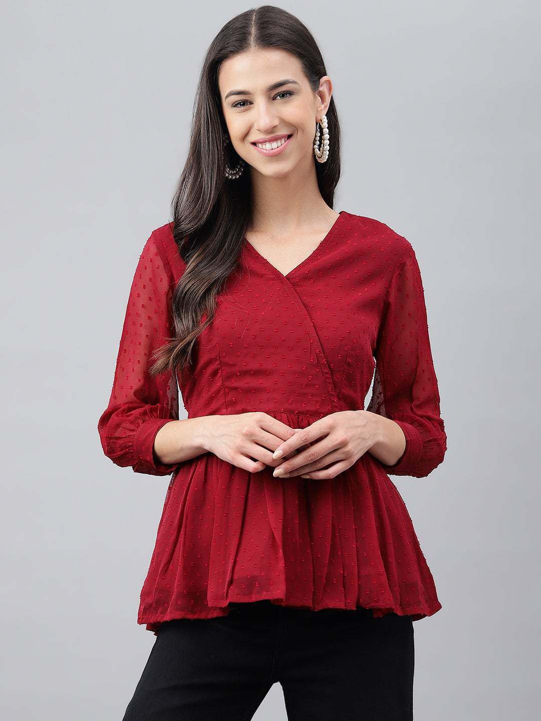 Maroon Dobby Chiffon Solid Peplum Top