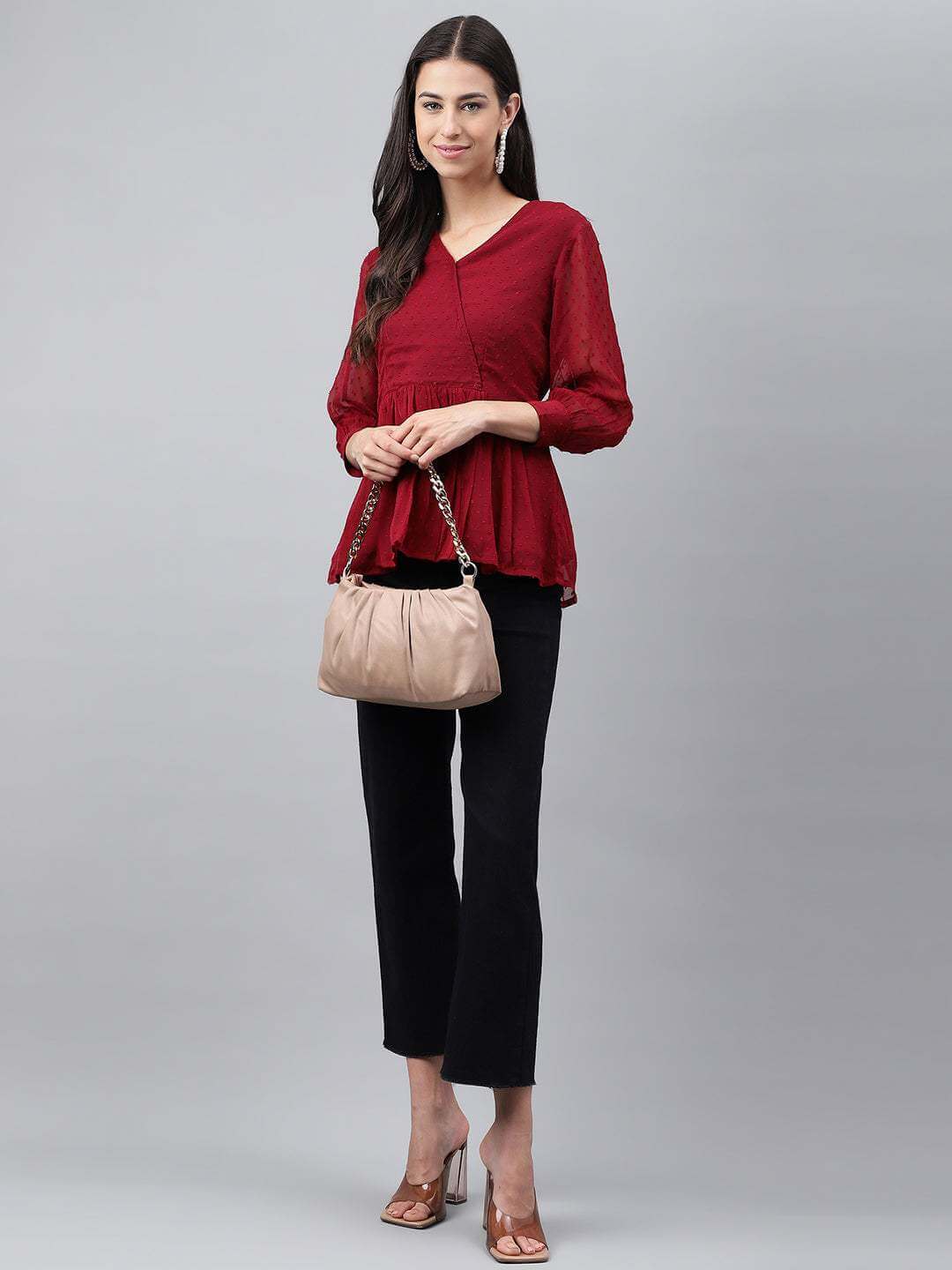 Maroon Dobby Chiffon Solid Peplum Top