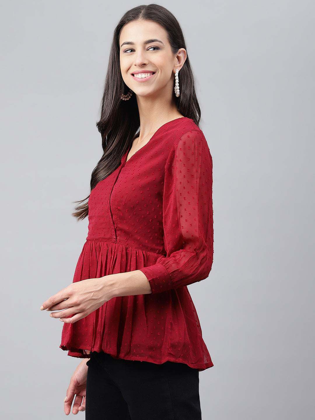 Maroon Dobby Chiffon Solid Peplum Top