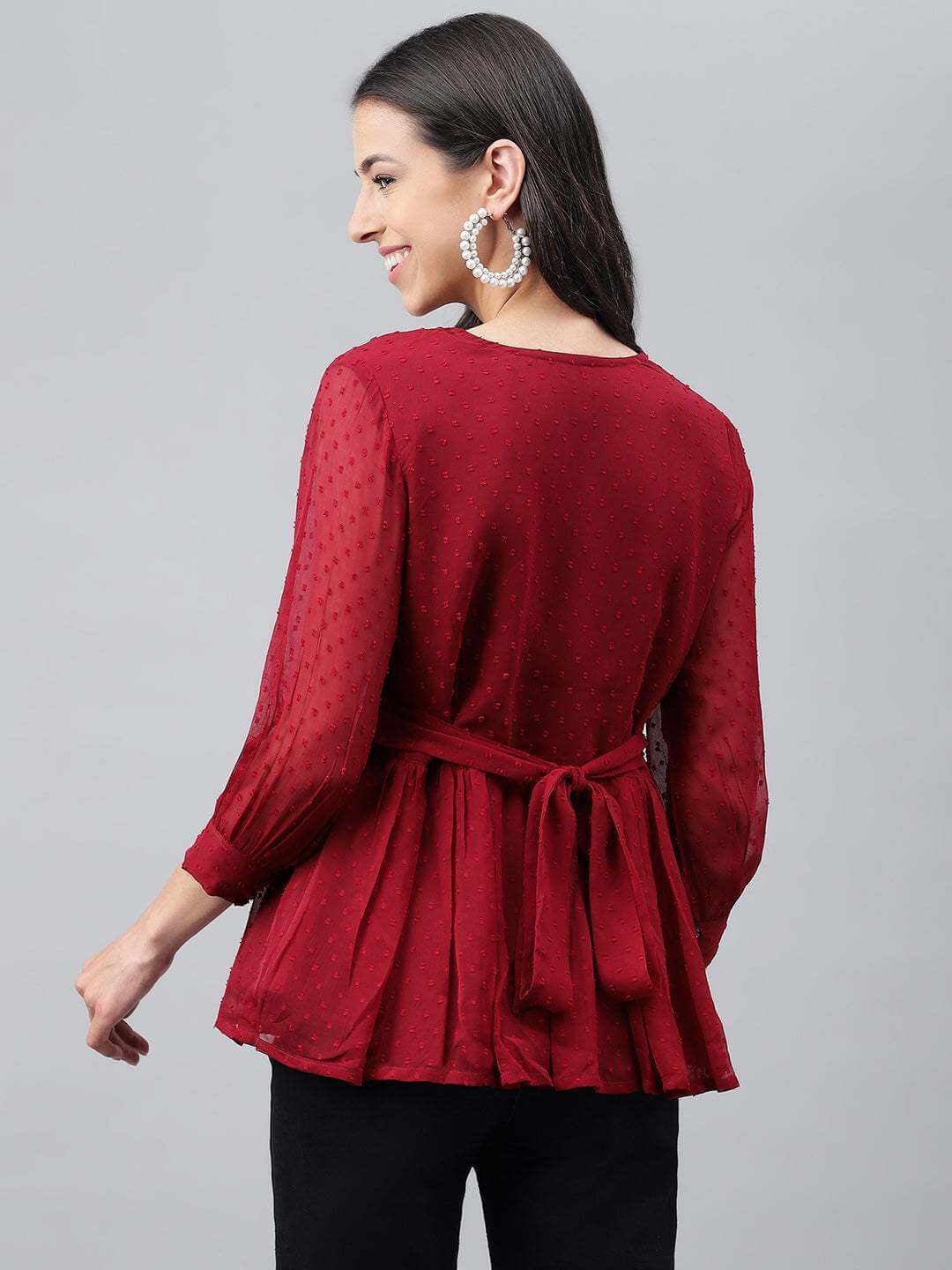 Maroon Dobby Chiffon Solid Peplum Top