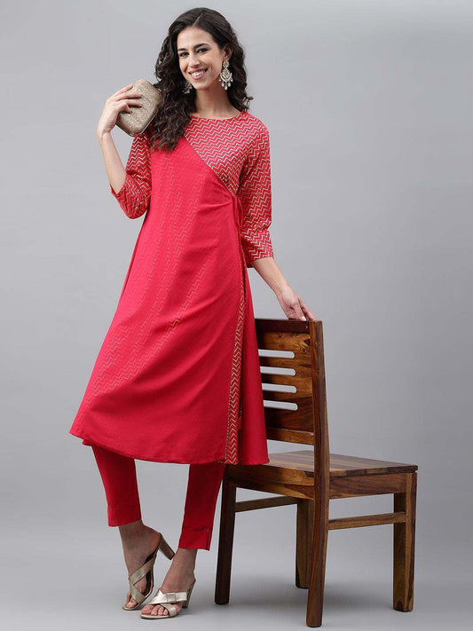 Pink Crepe Foil Printed Angrakha Kurta