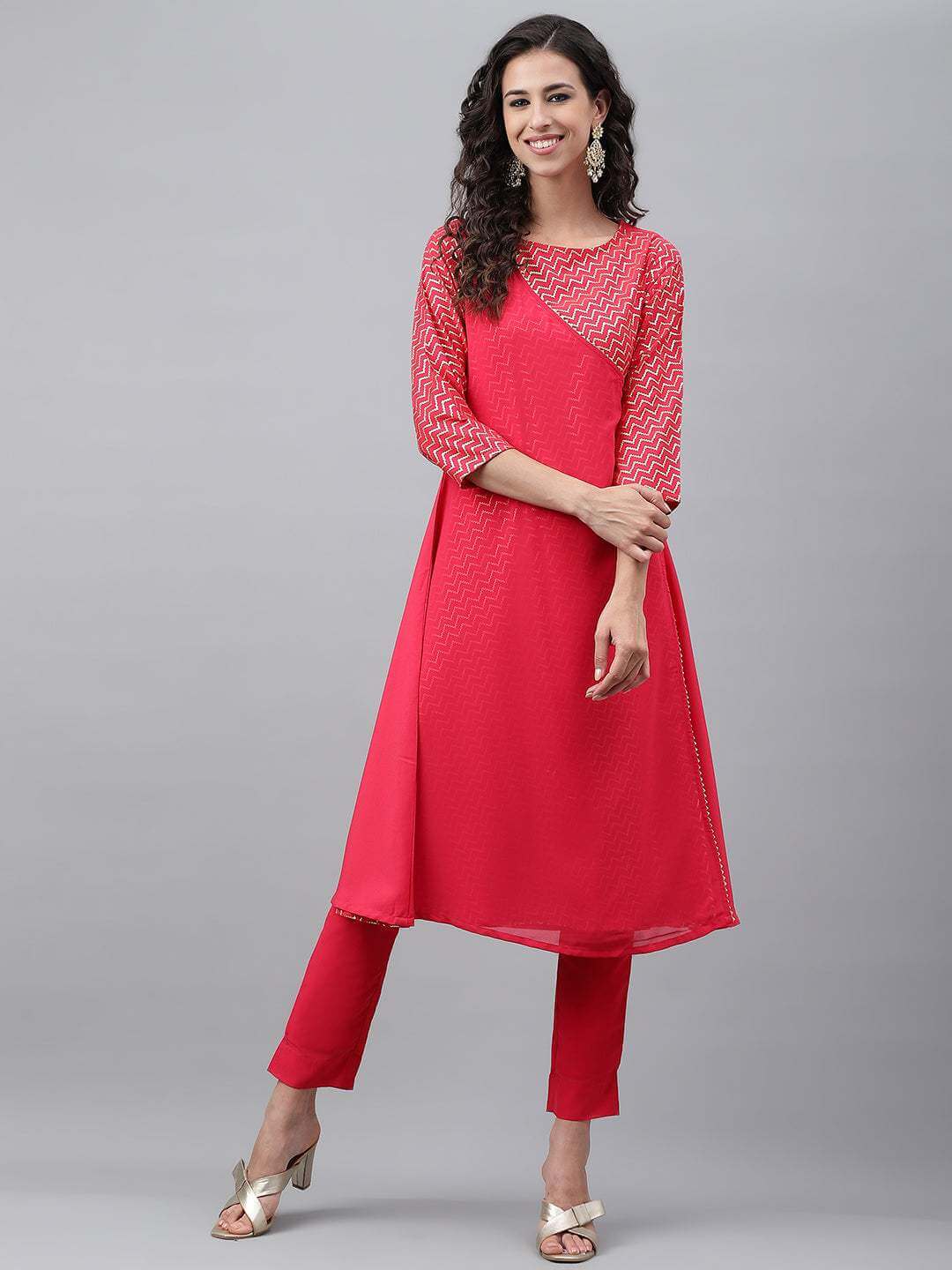 Pink Crepe Foil Printed Angrakha Kurta