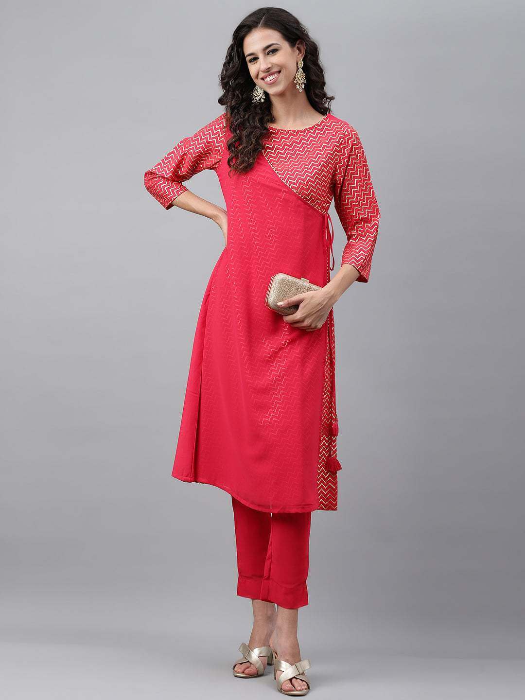 Pink Crepe Foil Printed Angrakha Kurta