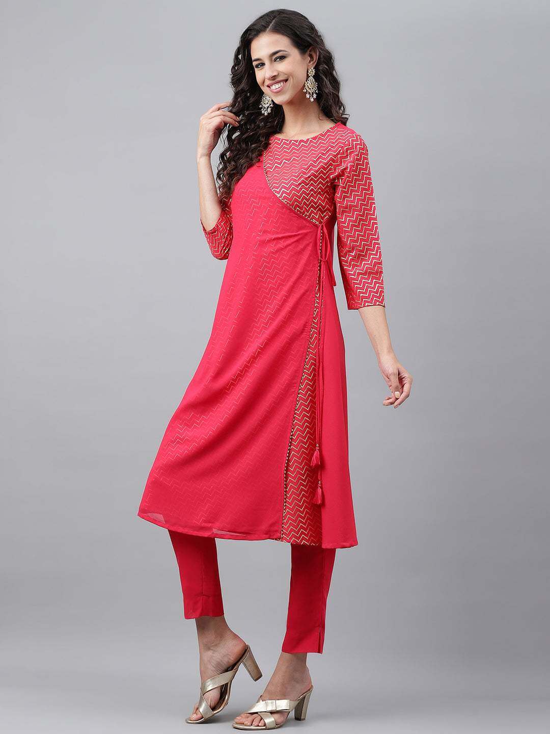 Pink Crepe Foil Printed Angrakha Kurta