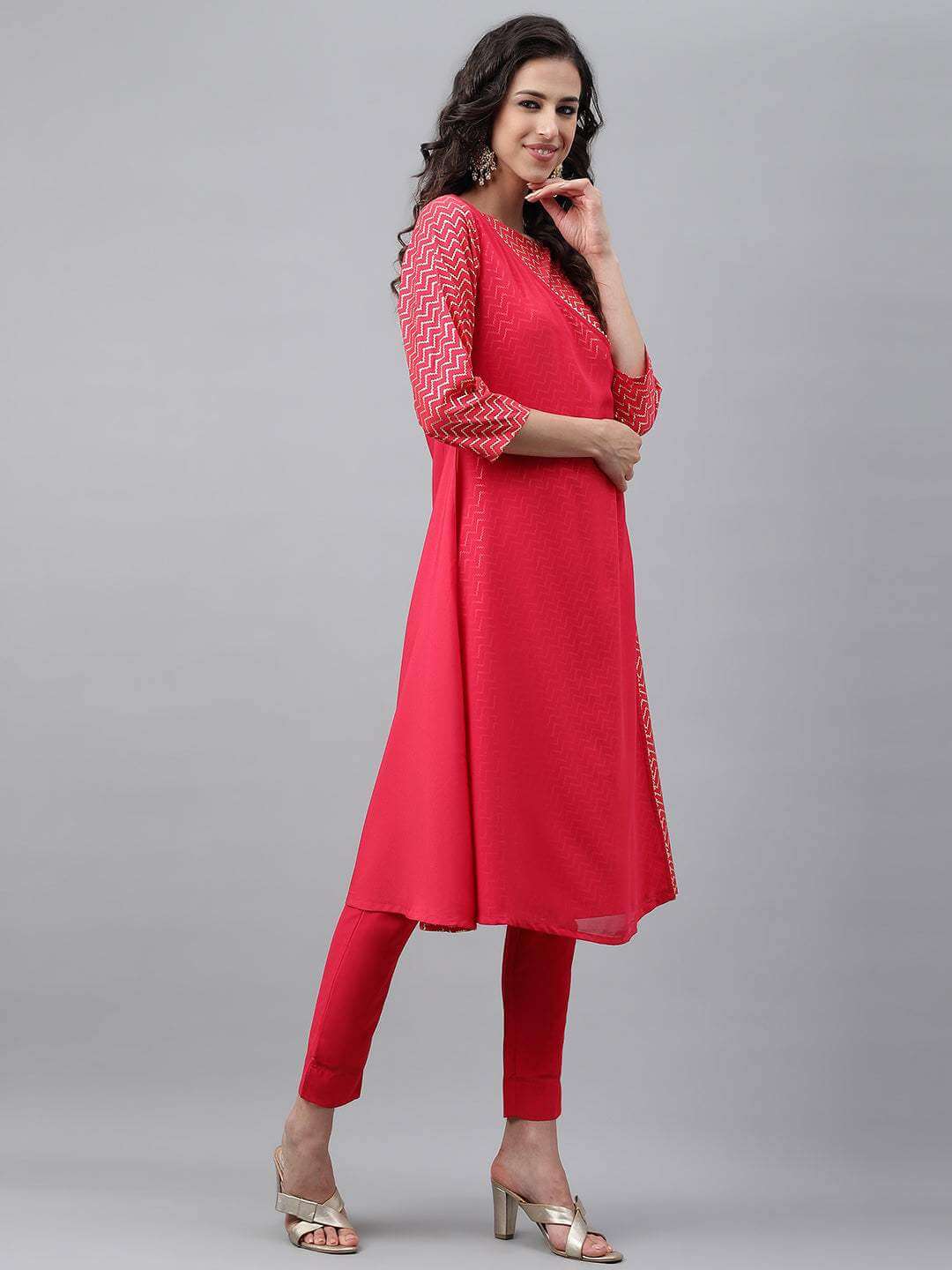Pink Crepe Foil Printed Angrakha Kurta