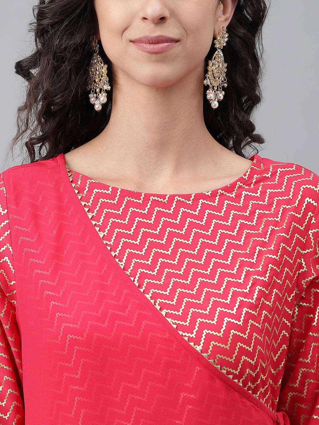 Pink Crepe Foil Printed Angrakha Kurta