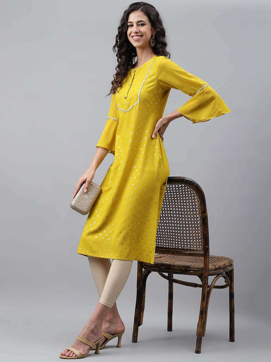 Yellow Crepe Foil Printed Straight Kurta