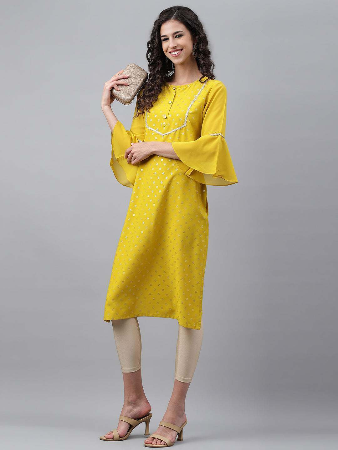 Yellow Crepe Foil Printed Straight Kurta