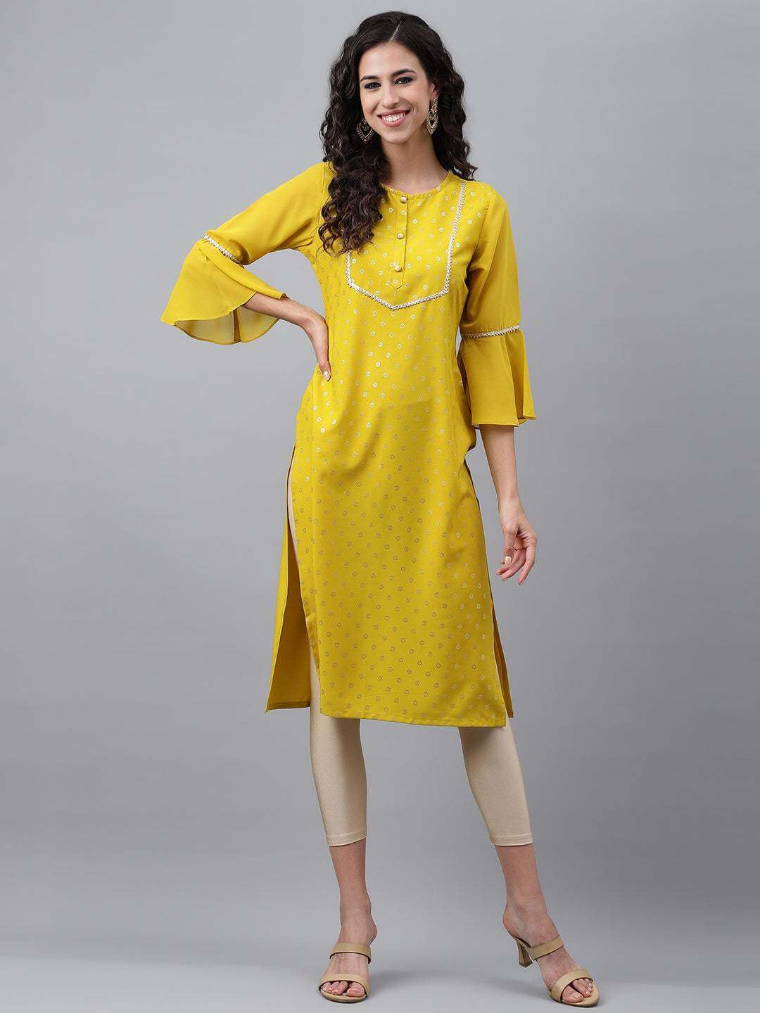 Yellow Crepe Foil Printed Straight Kurta