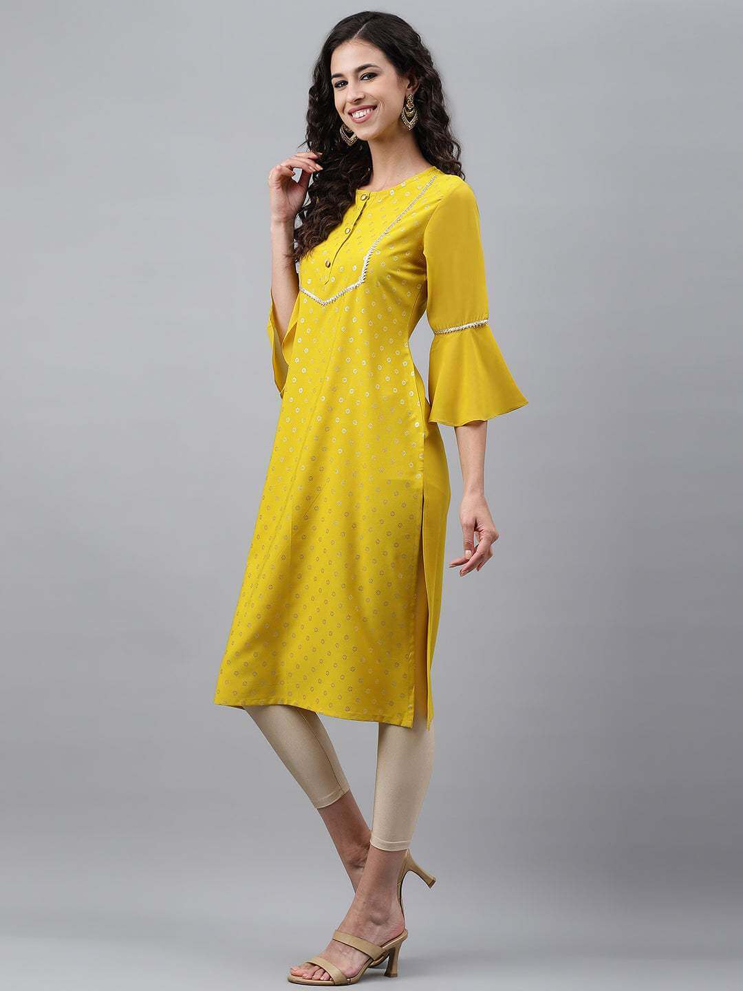 Yellow Crepe Foil Printed Straight Kurta