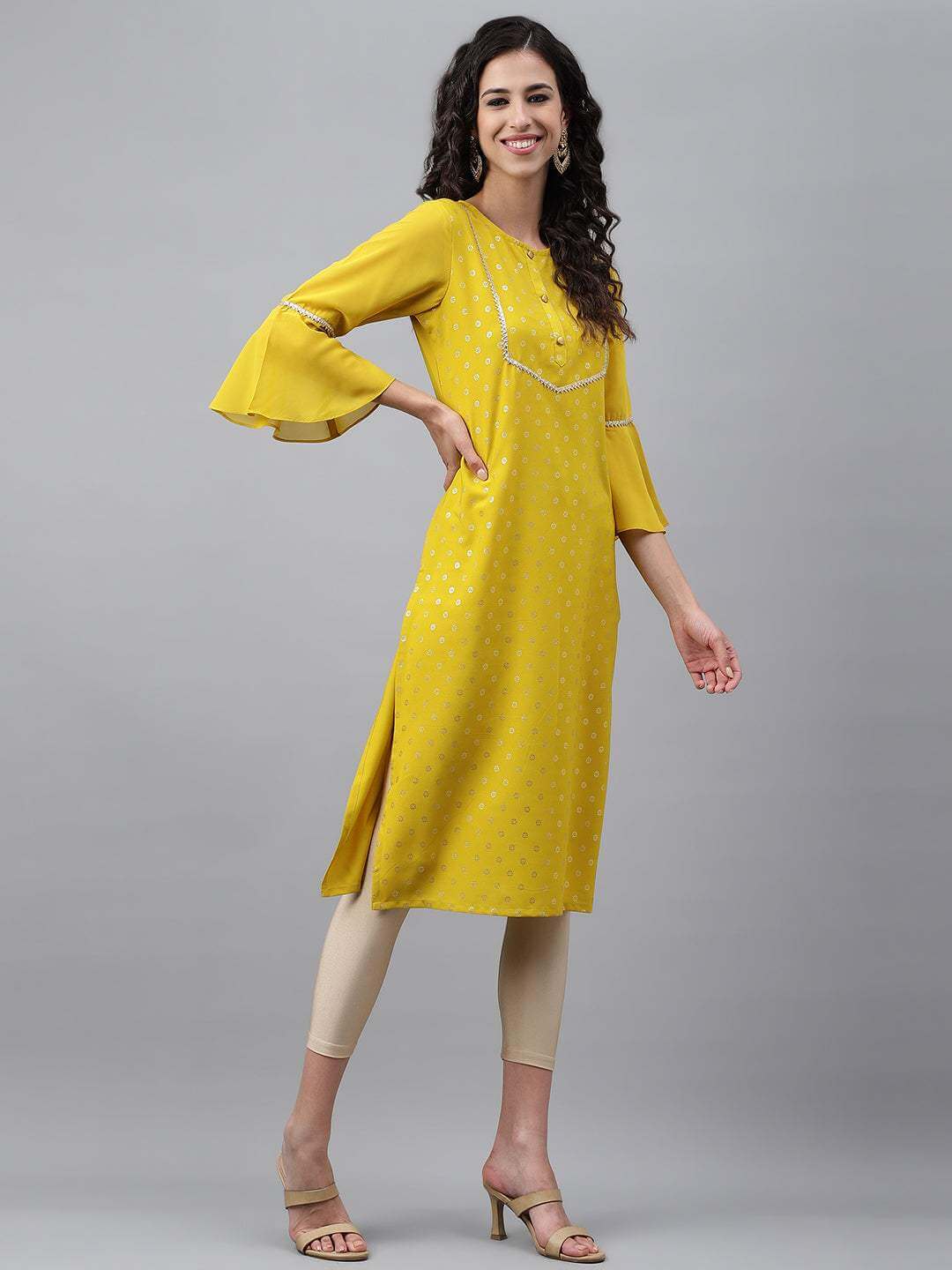 Yellow Crepe Foil Printed Straight Kurta