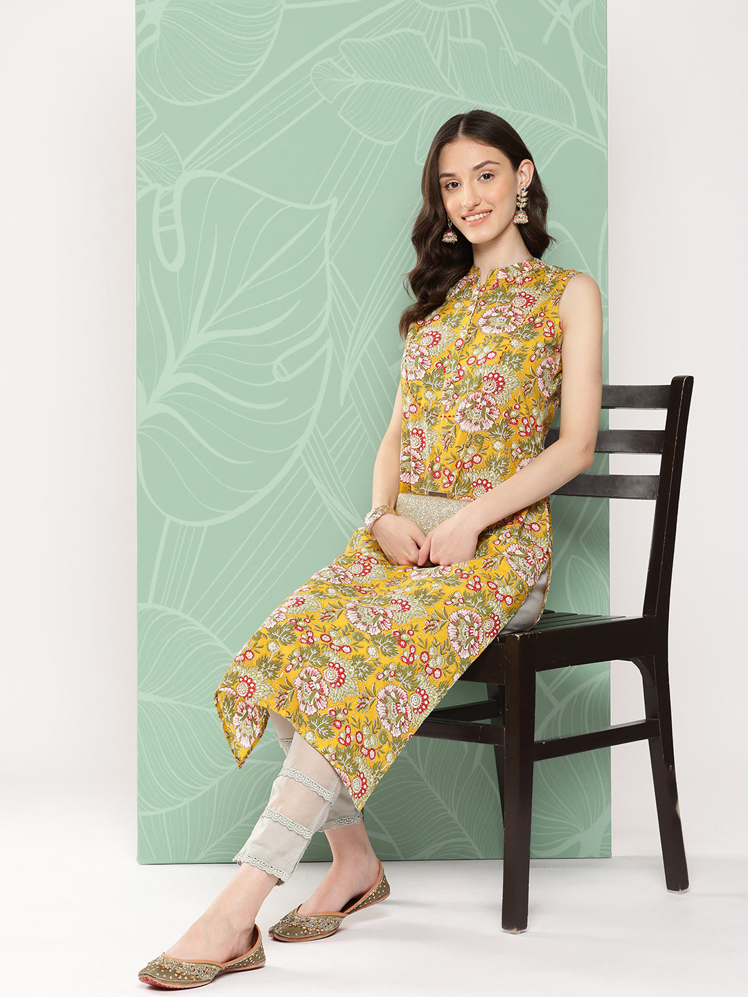 Yellow Cotton Floral Printed Straight Kurta