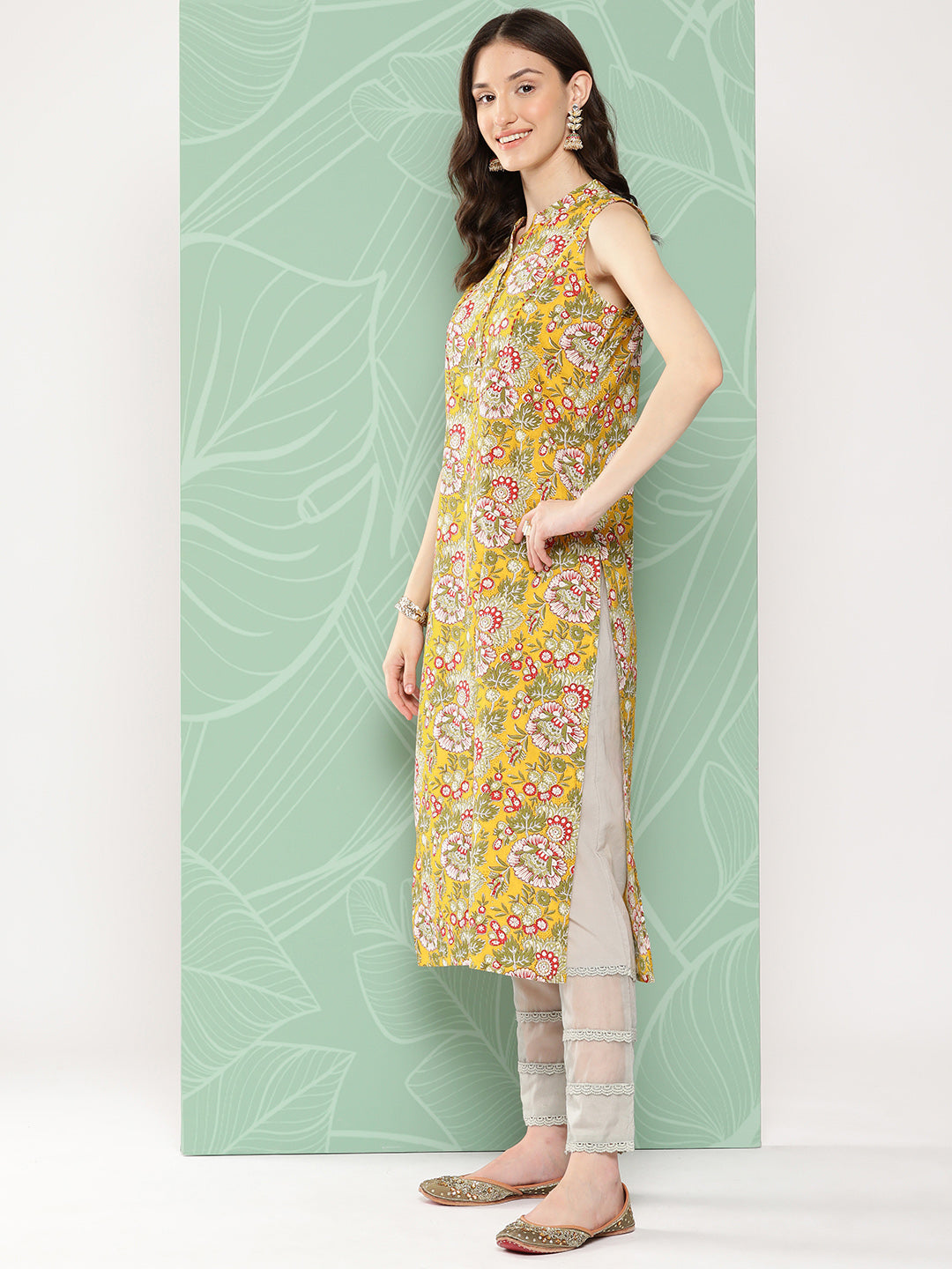 Yellow Cotton Floral Printed Straight Kurta