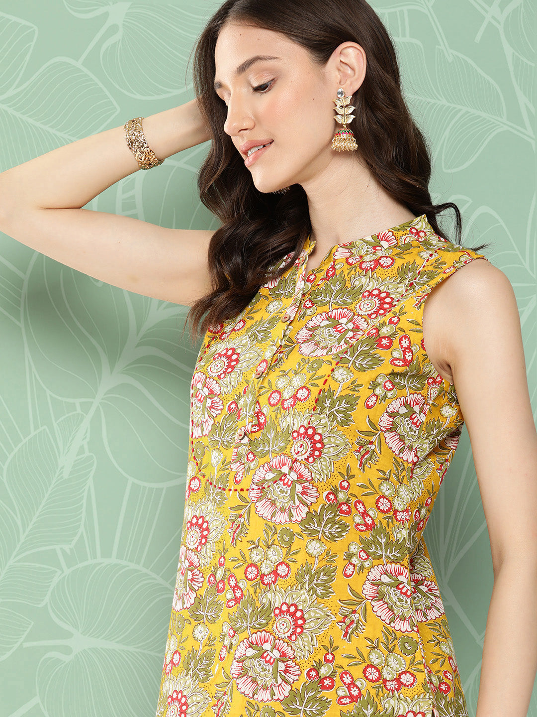 Yellow Cotton Floral Printed Straight Kurta