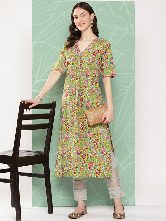 Green Cotton Floral Printed Straight Kurta