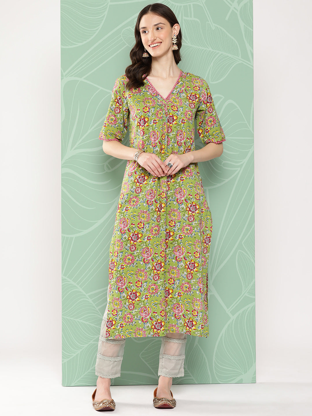 Green Cotton Floral Printed Straight Kurta