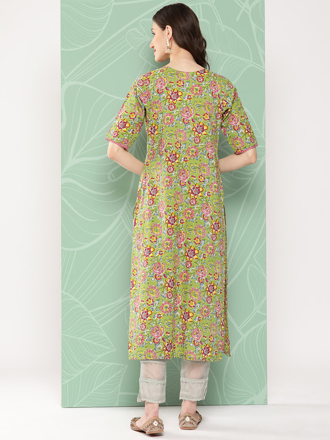 Green Cotton Floral Printed Straight Kurta