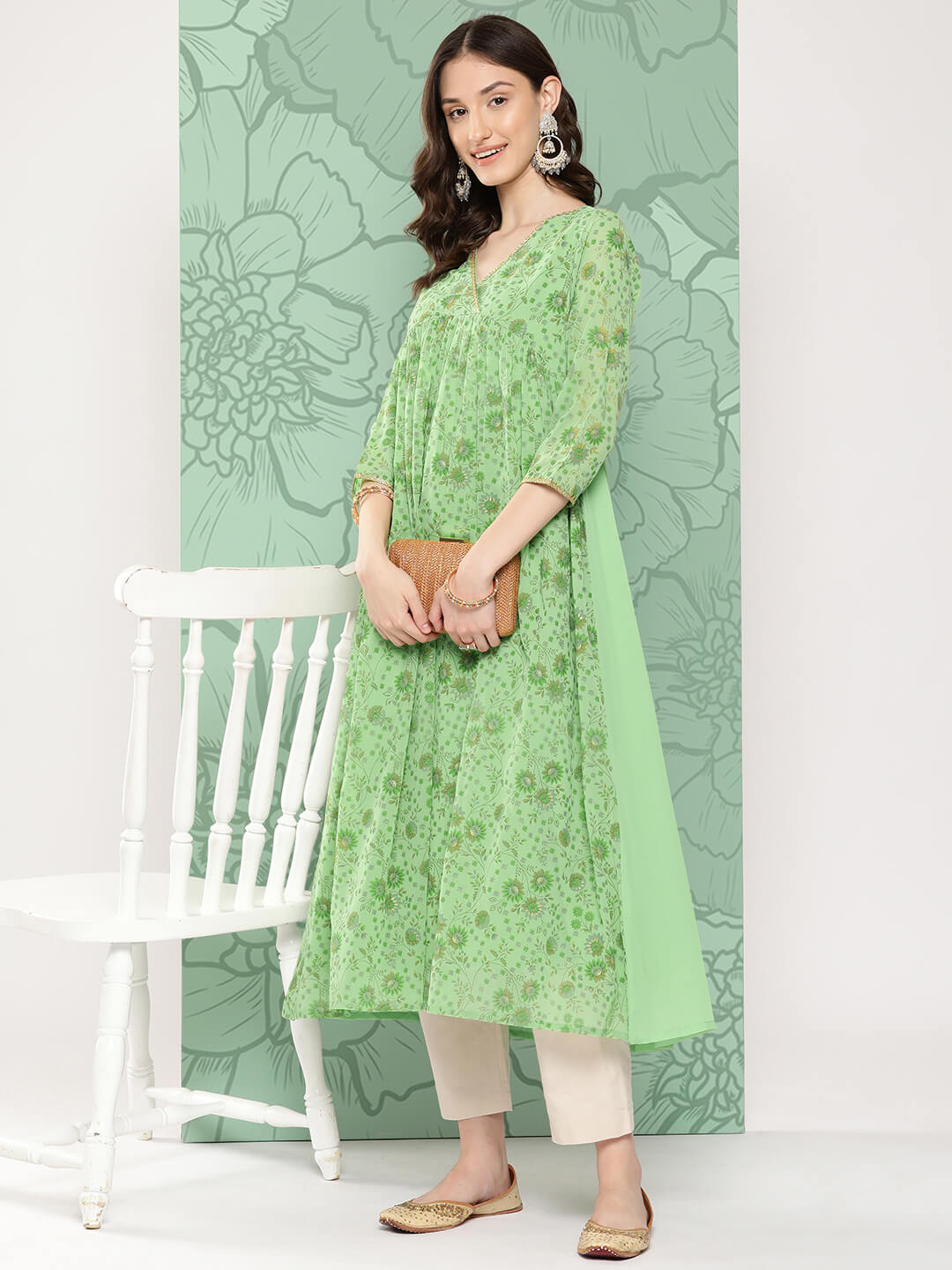 Light Green Georgette Digital Floral Printed Flared Kurta