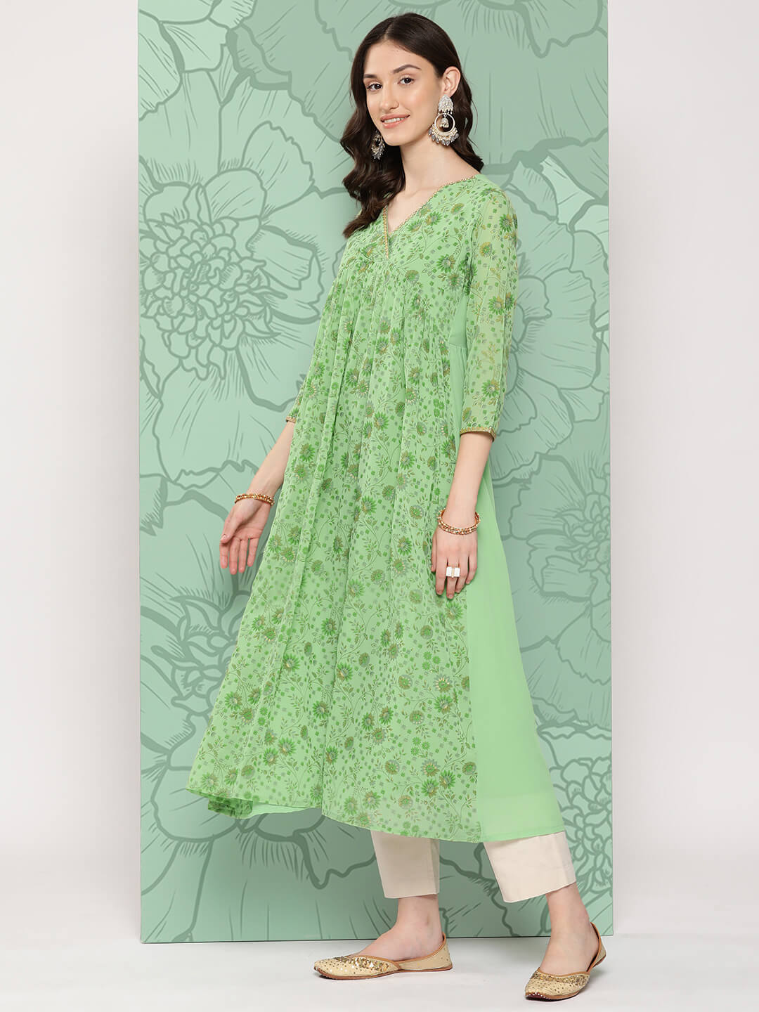 Light Green Georgette Digital Floral Printed Flared Kurta