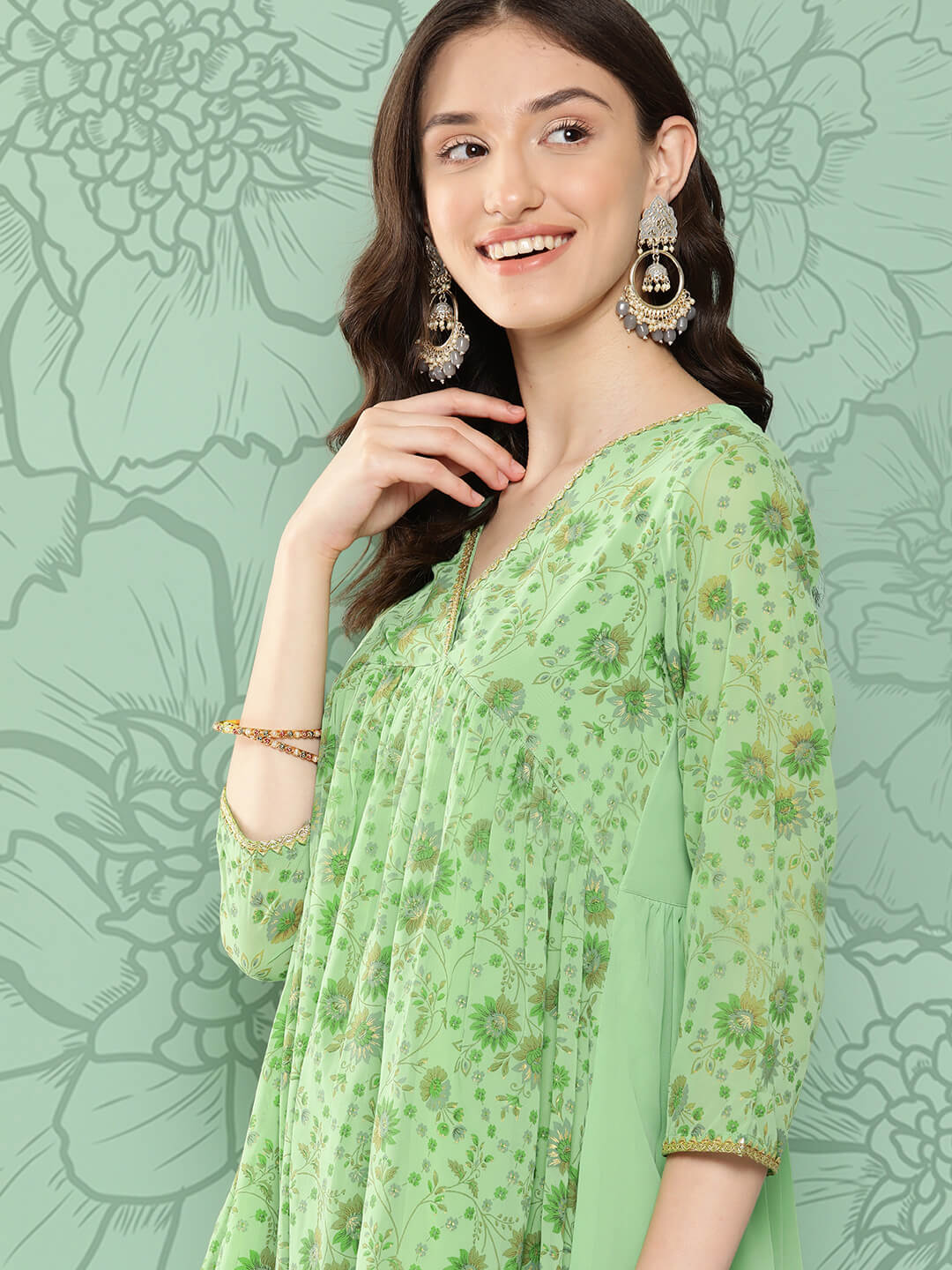 Light Green Georgette Digital Floral Printed Flared Kurta