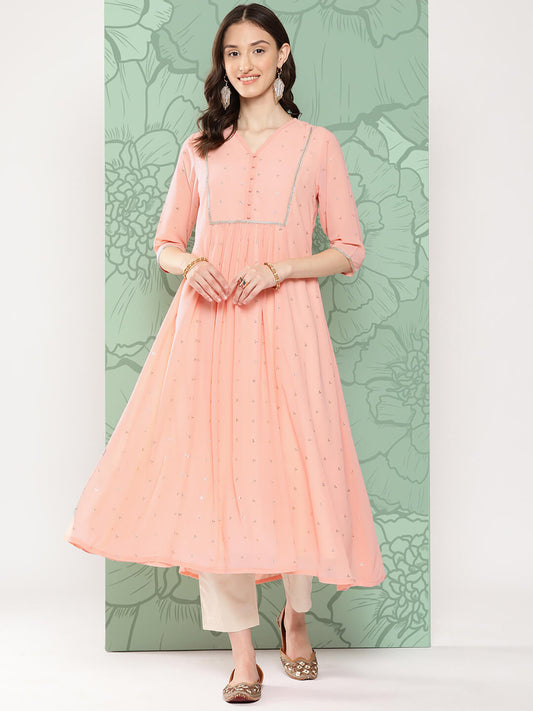 Peach Georgette Embossed Work Gathered Kurta