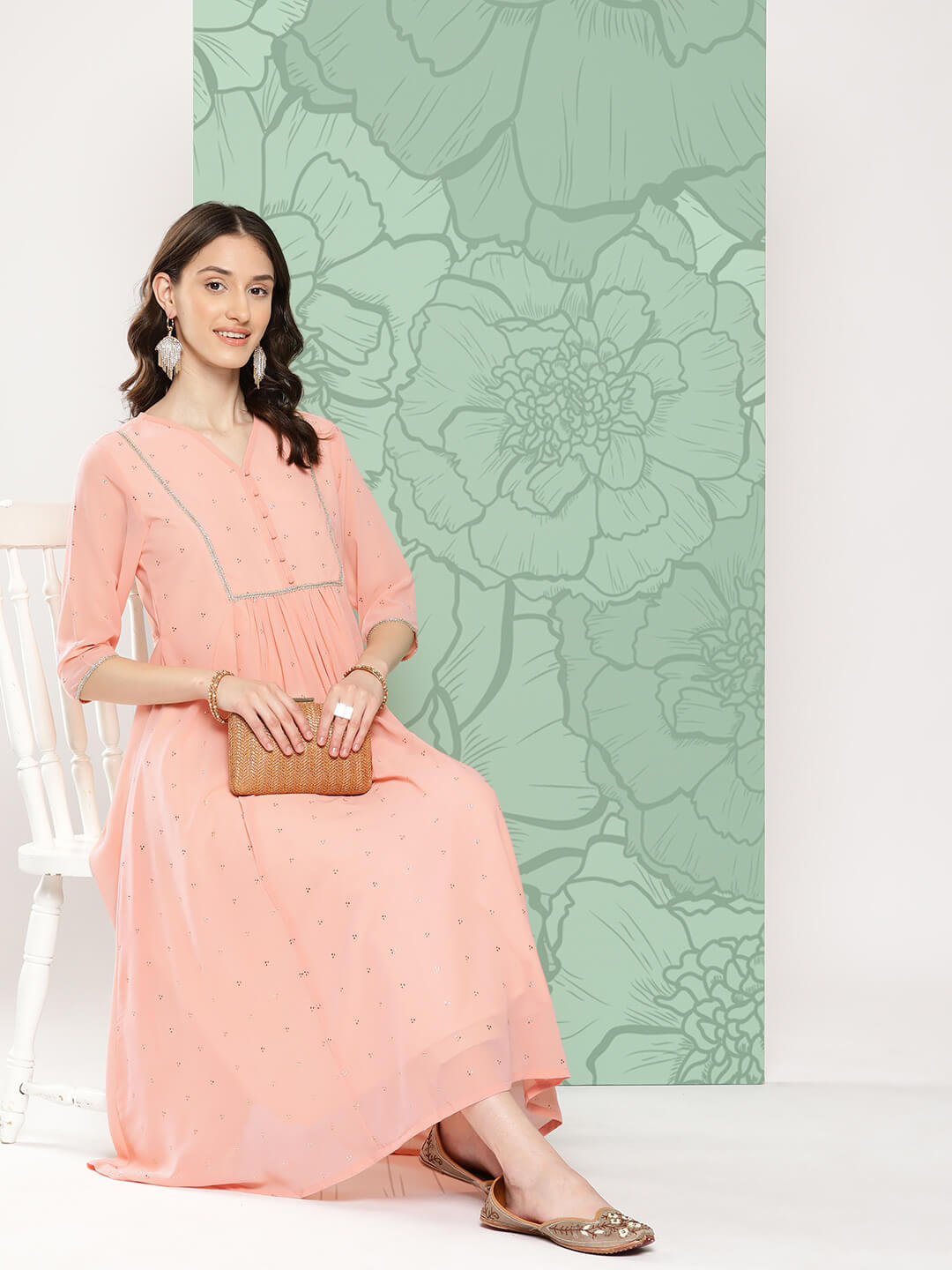 Peach Georgette Embossed Work Gathered Kurta