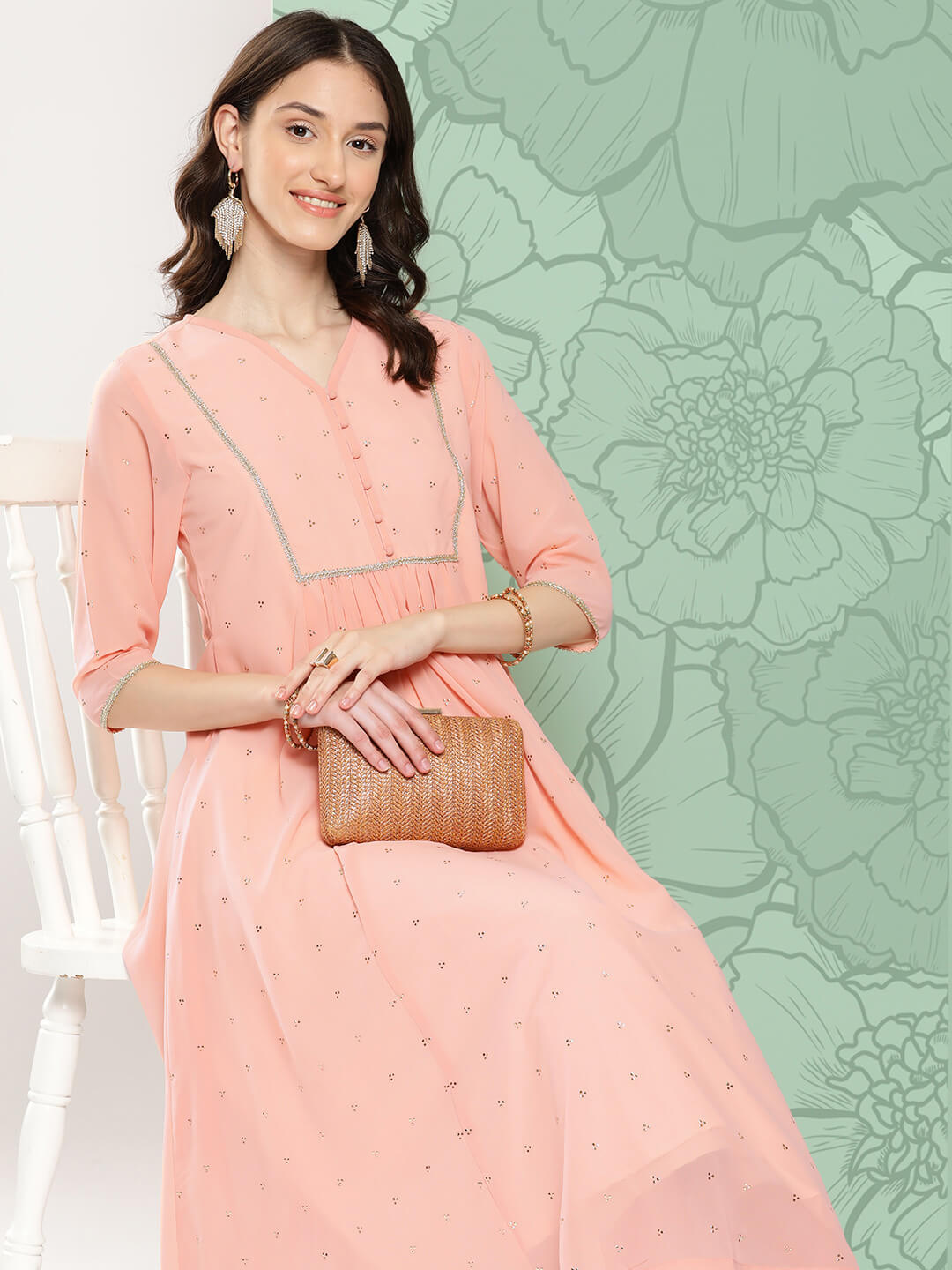 Peach Georgette Embossed Work Gathered Kurta