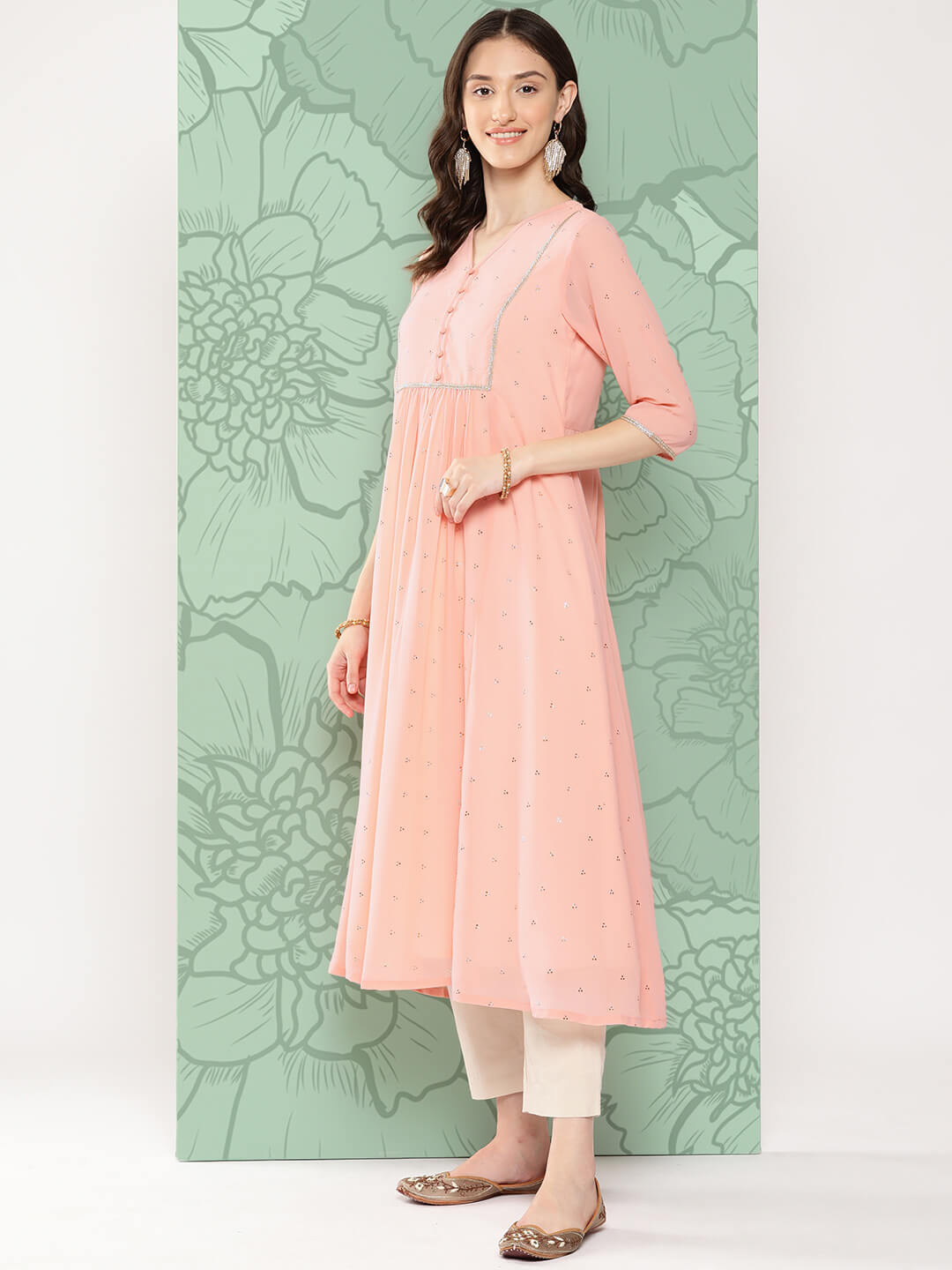 Peach Georgette Embossed Work Gathered Kurta