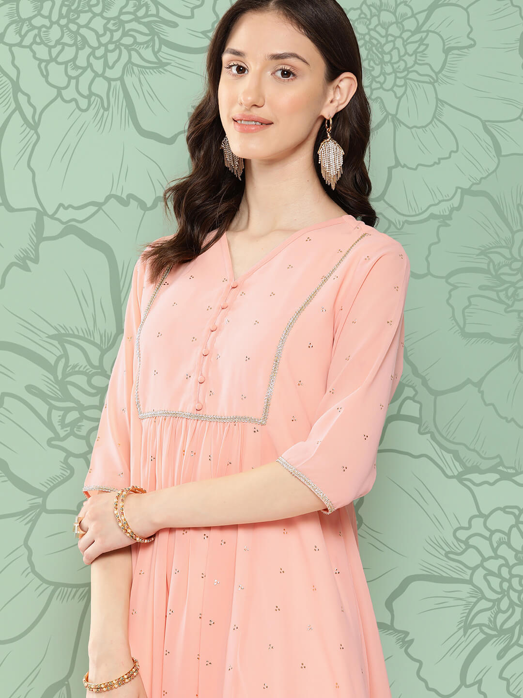 Peach Georgette Embossed Work Gathered Kurta